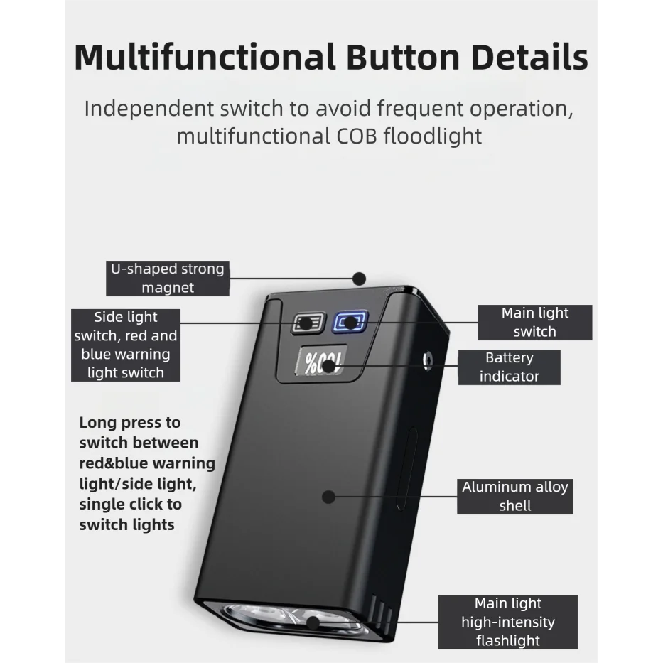 Black Magnetic Flashlight: Spotlight COB Flood Red&Blue