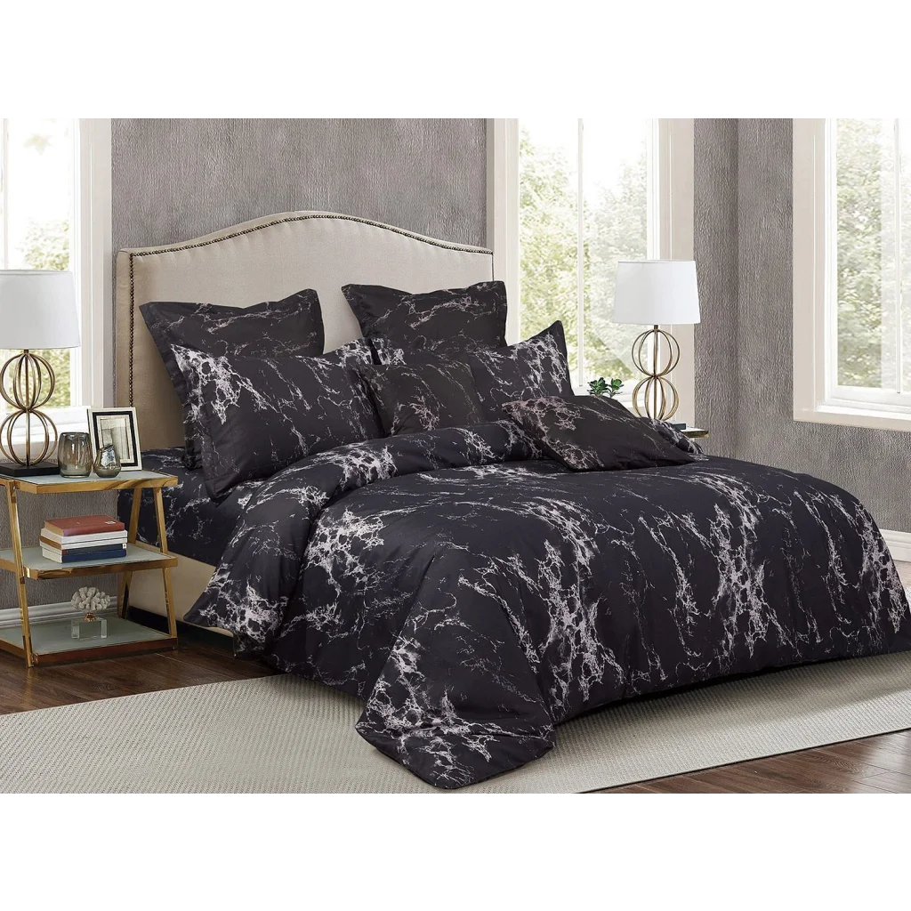 Black Marble Duvet Quilt Cover Set Double Size - Home &