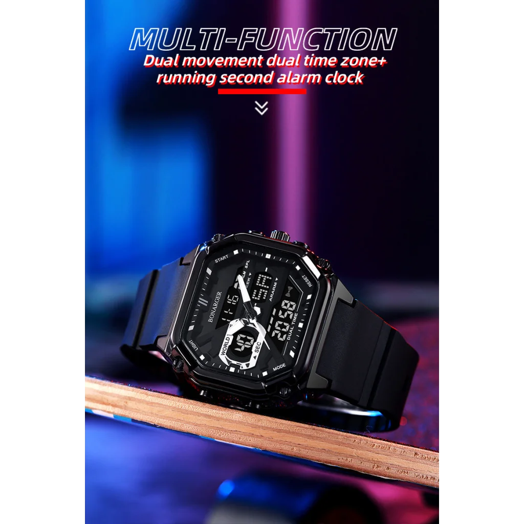 Black Men’s Dual Display Watch - Dual Time Digital Analog