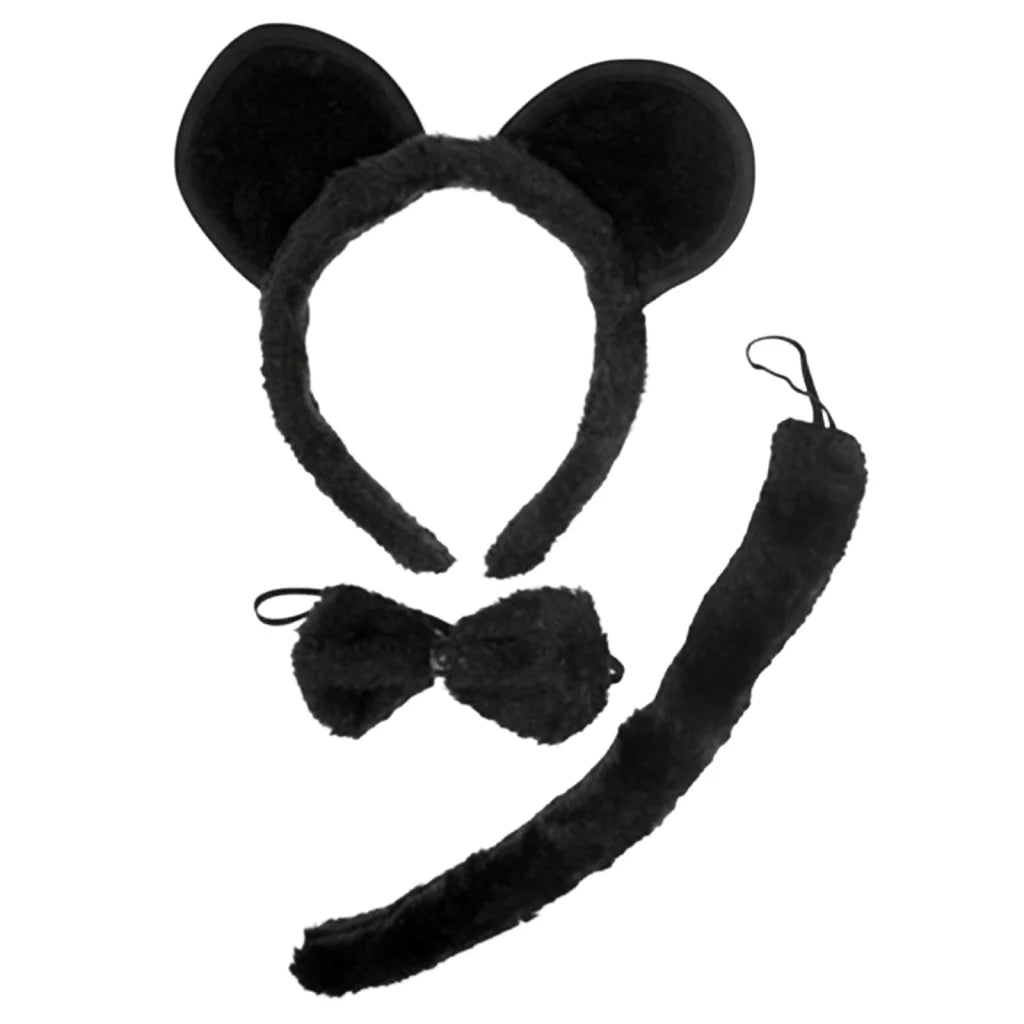 BLACK MOUSE / BEAR HEADBAND w Bow Ears Tail Animal Costume