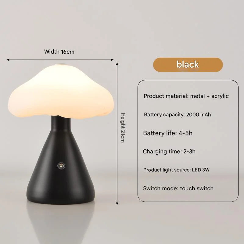 Black Mushroom LED Table Lamp - Rechargeable 3-Color Touch