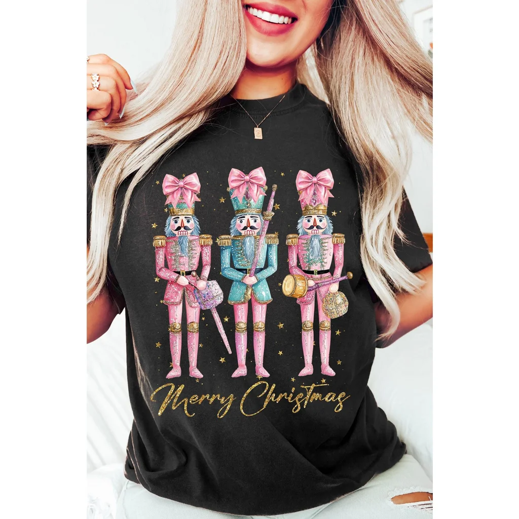 Black Nutcracker Merry Christmas Printed Crewneck T Shirt
