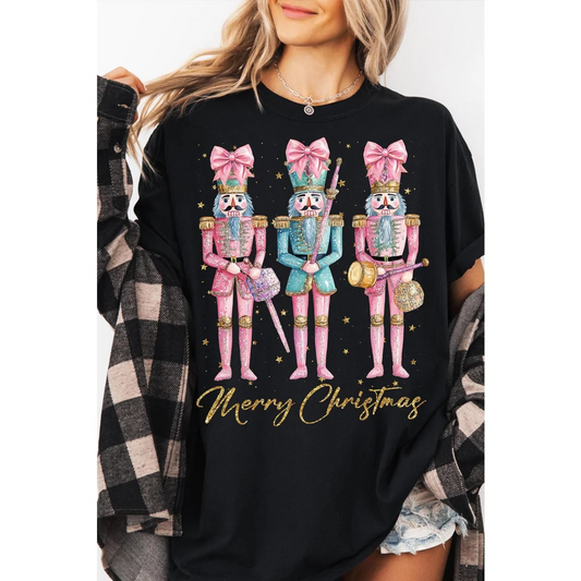 Black Nutcracker Merry Christmas Printed Crewneck T Shirt