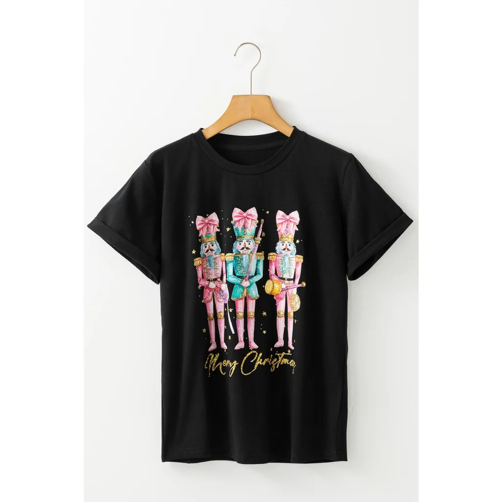 Black Nutcracker Merry Christmas Printed Crewneck T Shirt