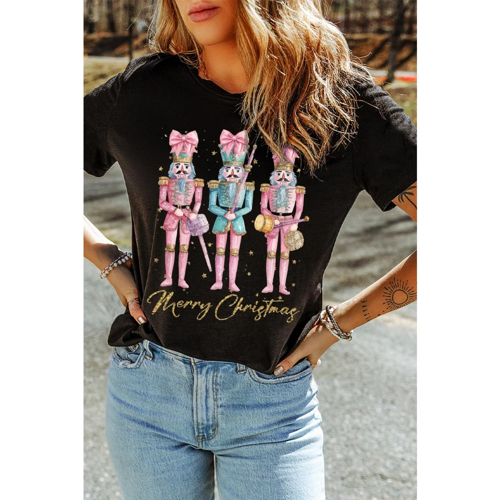 Black Nutcracker Merry Christmas Printed Crewneck T Shirt