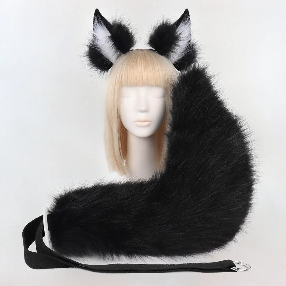 Black Plush Faux Fur Fox Ears Headband and Tail Set