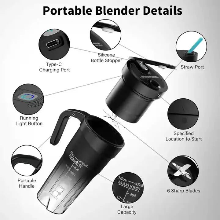 Black Portable Juicer Cup with Straw USB Rechargeable