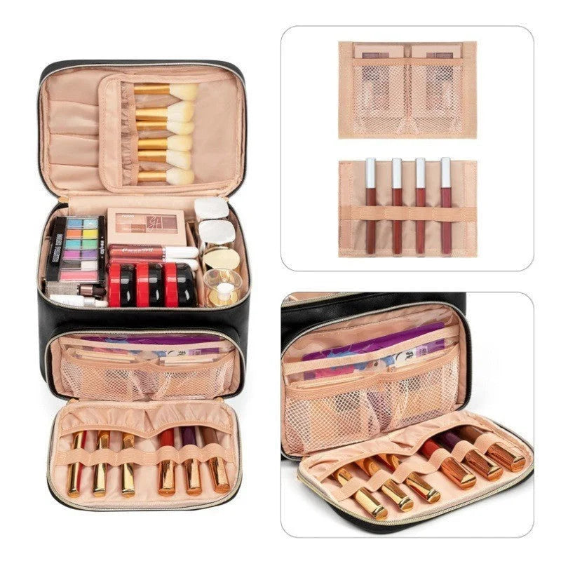 Black Portable Travel Makeup Bag with Brush Compartment