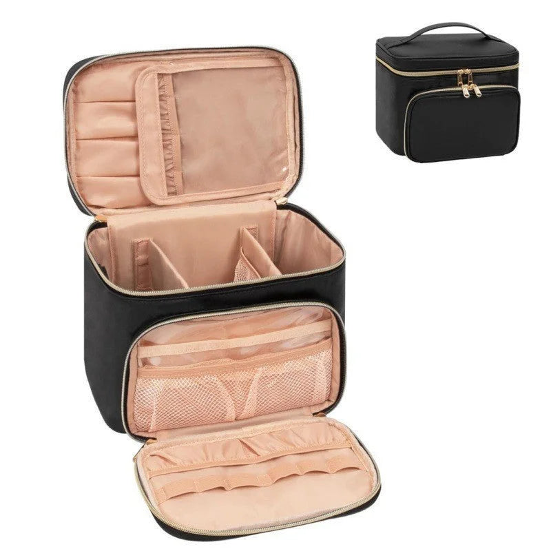 Black Portable Travel Makeup Bag with Brush Compartment