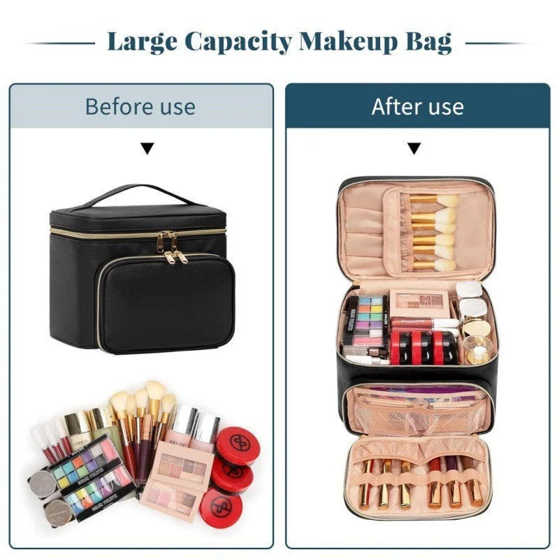 Black Portable Travel Makeup Bag with Brush Compartment