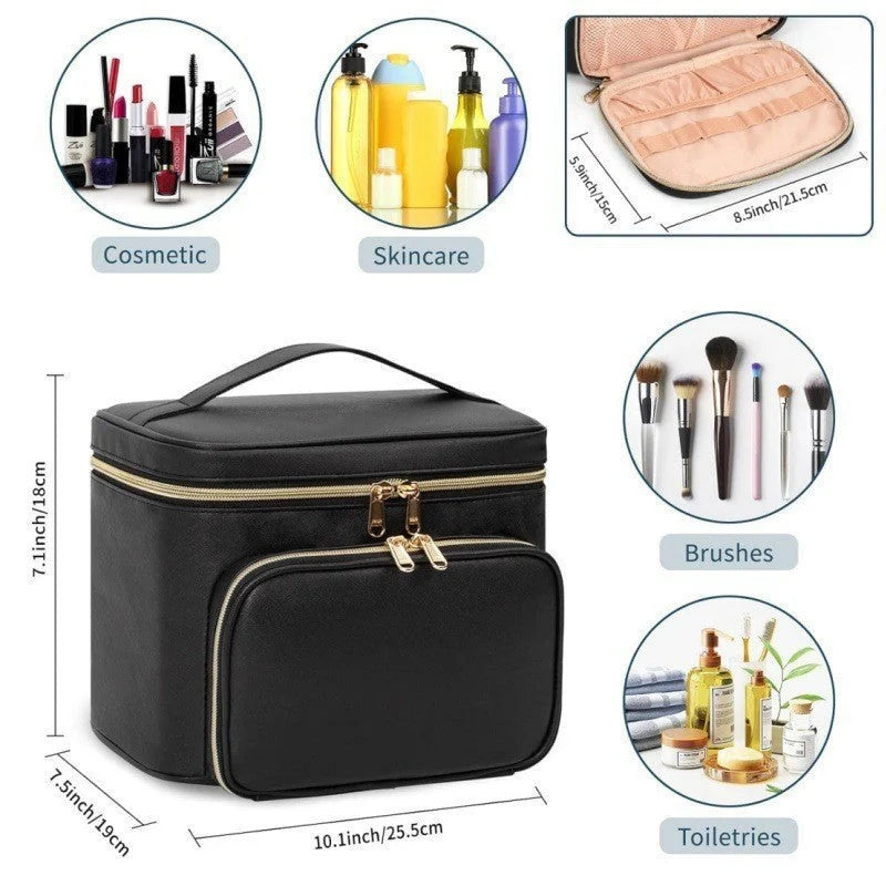 Black Portable Travel Makeup Bag with Brush Compartment
