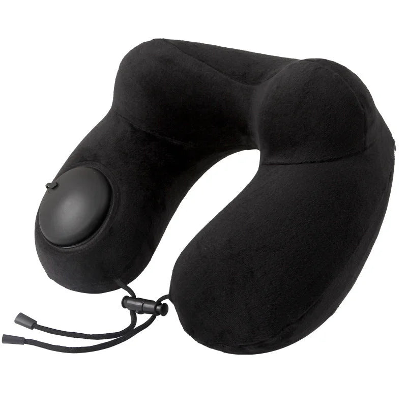 Black Press-to-Inflate Travel Neck Pillow - Ergonomic
