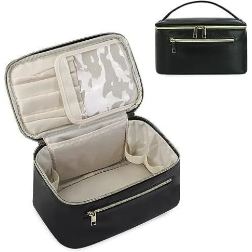 Black PU Leather Large Capacity Makeup Bag - Waterproof &