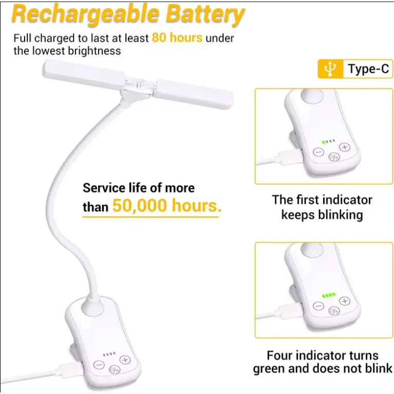 Black Rechargeable Dual-Head Clip-On Book Light - Touch