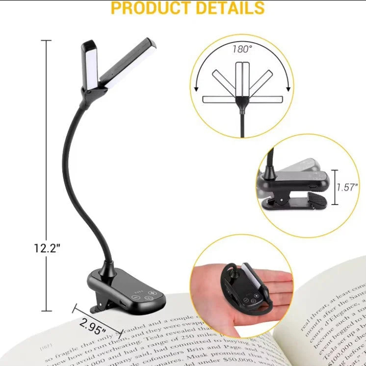 Black Rechargeable Dual-Head Clip-On Book Light - Touch
