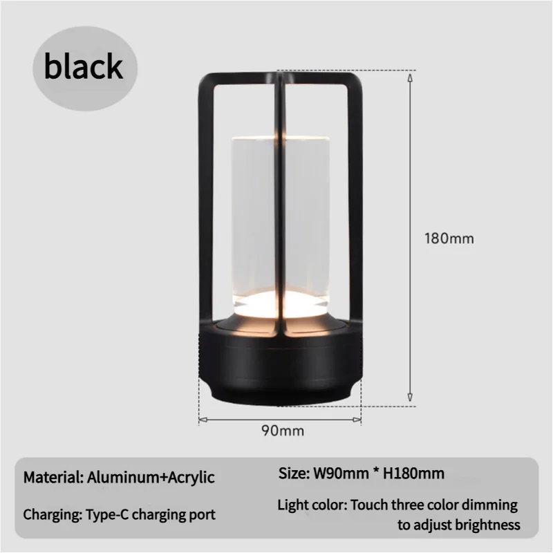 Black Rechargeable Table Lamp - Touch Dimming 3-Color LED