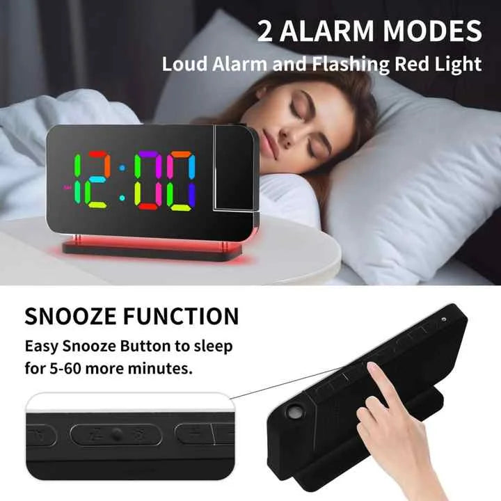 Black RGB LED Projection Alarm Clock Multi-Color Night