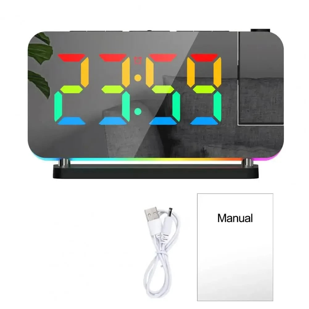 Black RGB LED Projection Alarm Clock Multi-Color Night