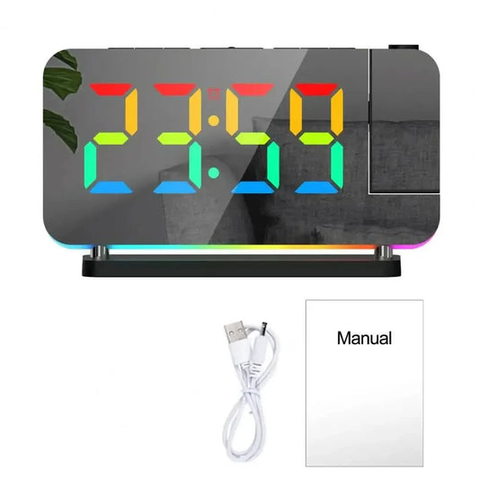 Black RGB LED Projection Alarm Clock Multi-Color Night