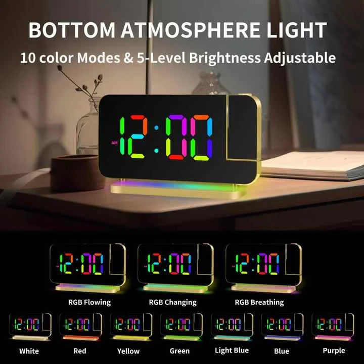 Black RGB LED Projection Alarm Clock Multi-Color Night
