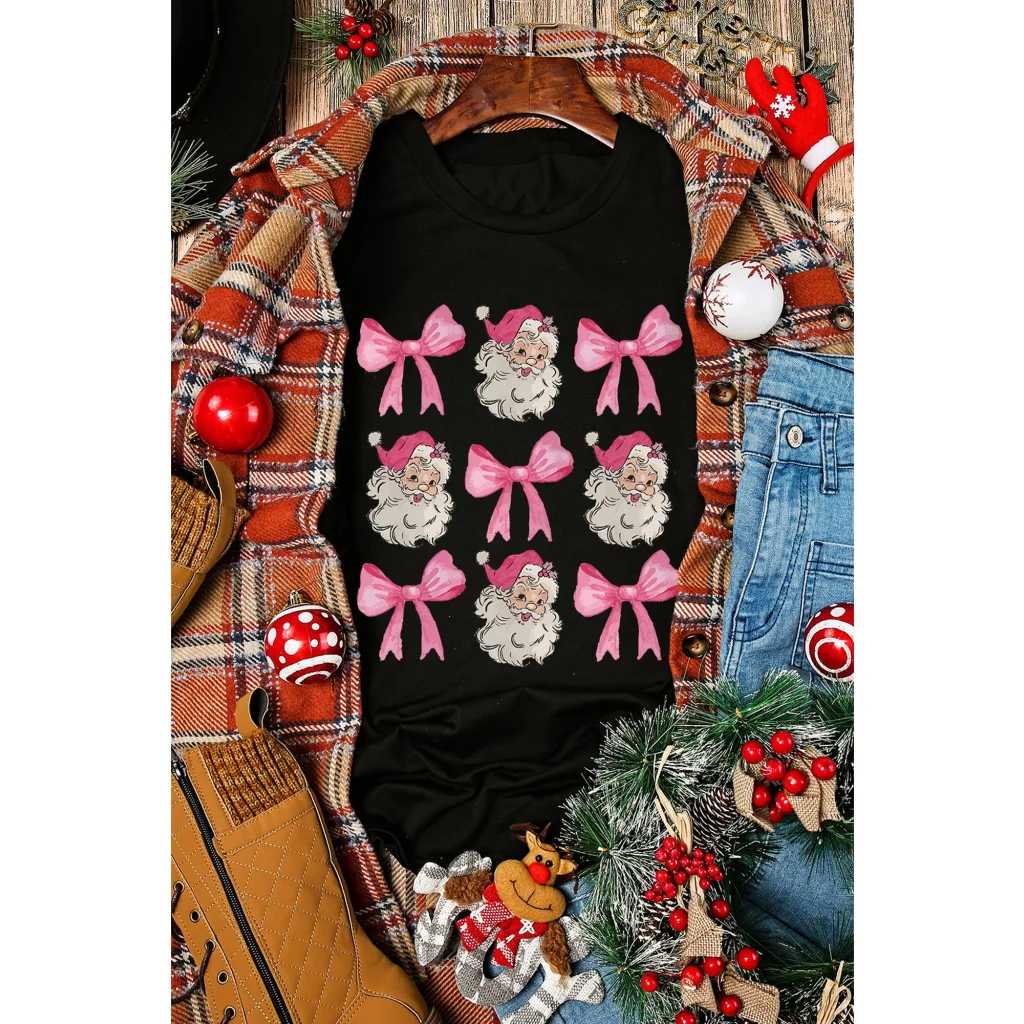 Black Santa Claus Bow Knot Christmas Graphic T Shirt - M