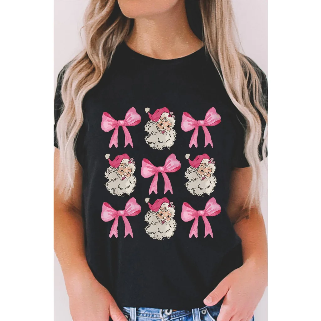 Black Santa Claus Bow Knot Christmas Graphic T Shirt - M