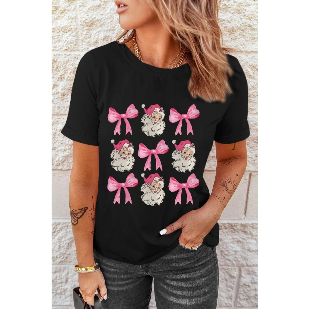 Black Santa Claus Bow Knot Christmas Graphic T Shirt - M