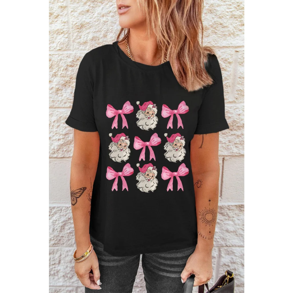 Black Santa Claus Bow Knot Christmas Graphic T Shirt - M