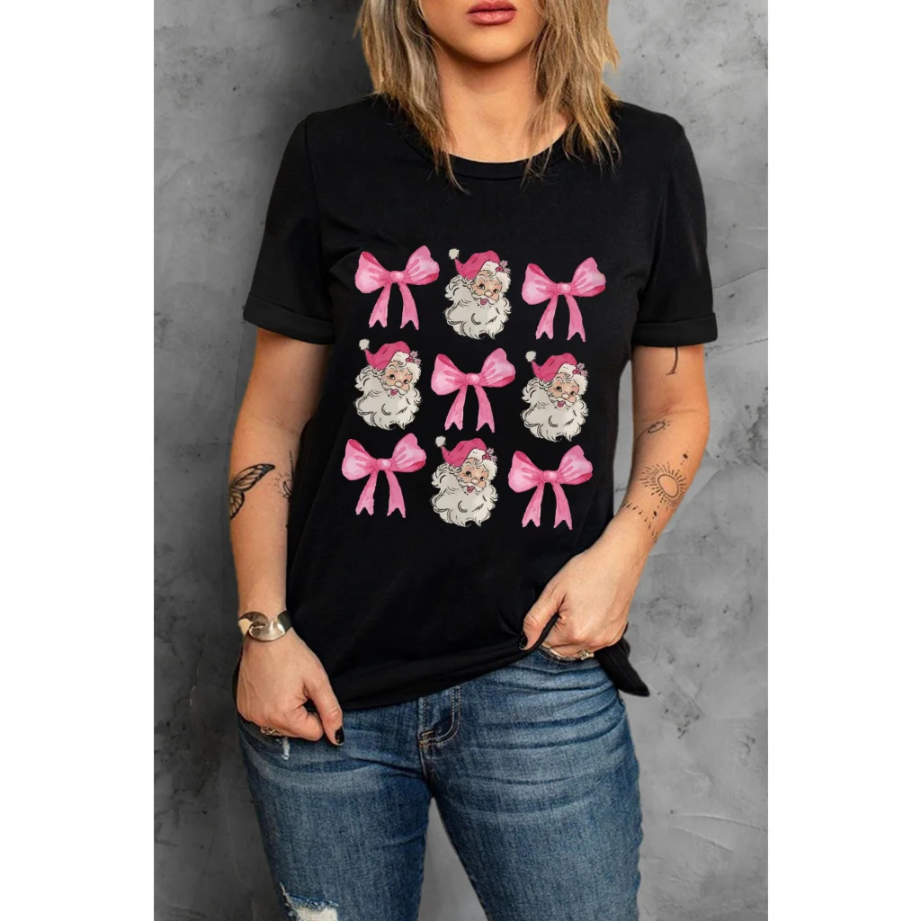 Black Santa Claus Bow Knot Christmas Graphic T Shirt - M