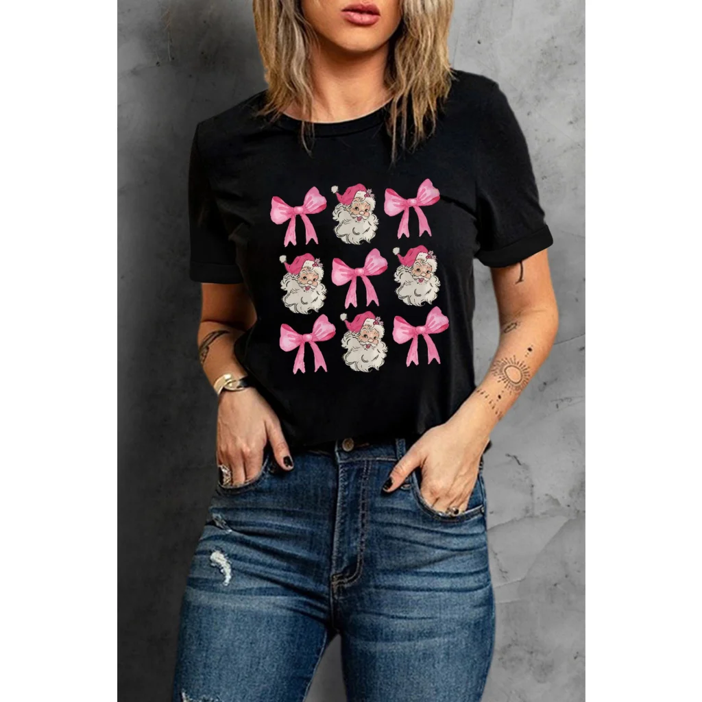 Black Santa Claus Bow Knot Christmas Graphic T Shirt - S