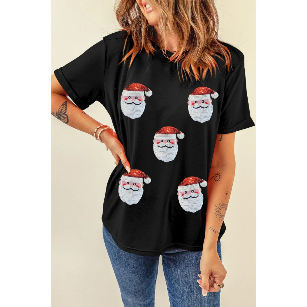 Black Sequin Christmas Claus Pattern Crewneck T Shirt - M