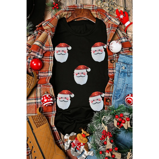 Black Sequin Christmas Claus Pattern Crewneck T Shirt - S