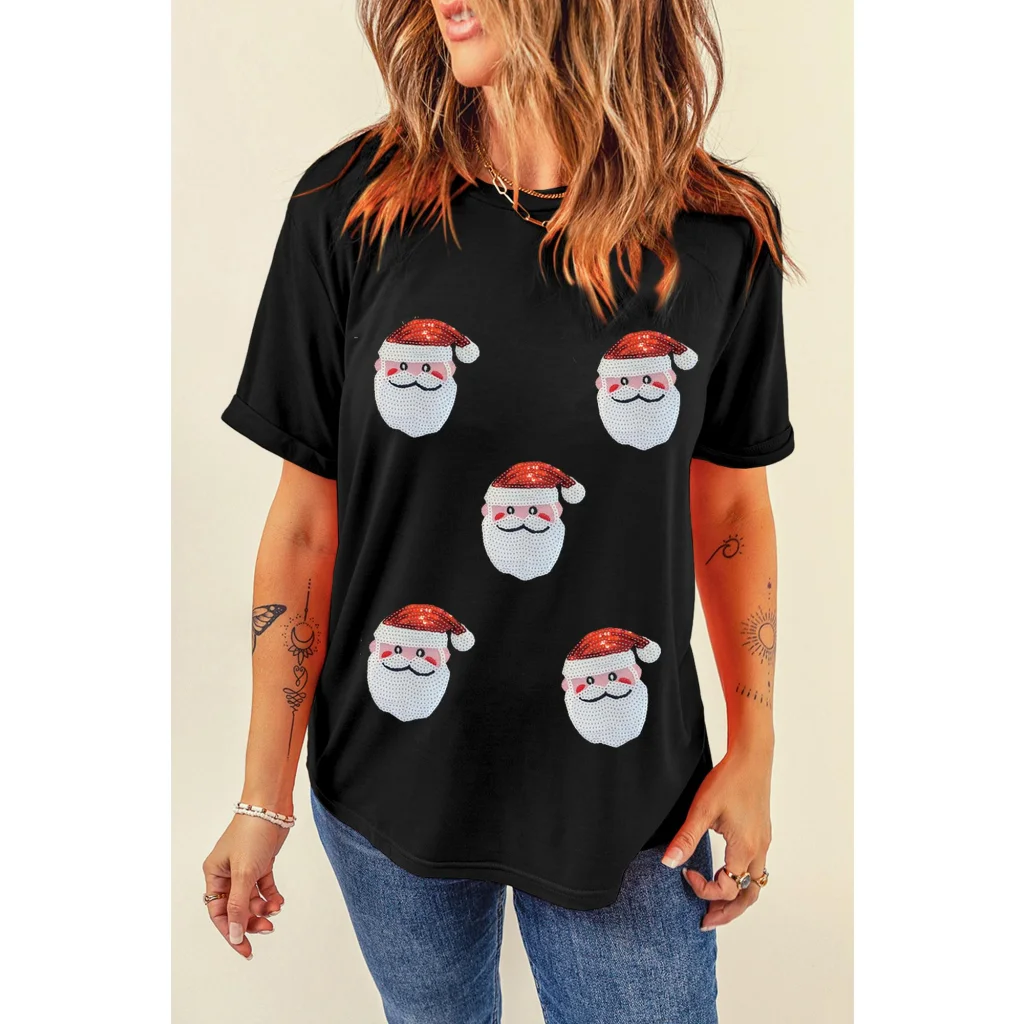 Black Sequin Christmas Claus Pattern Crewneck T Shirt - XL