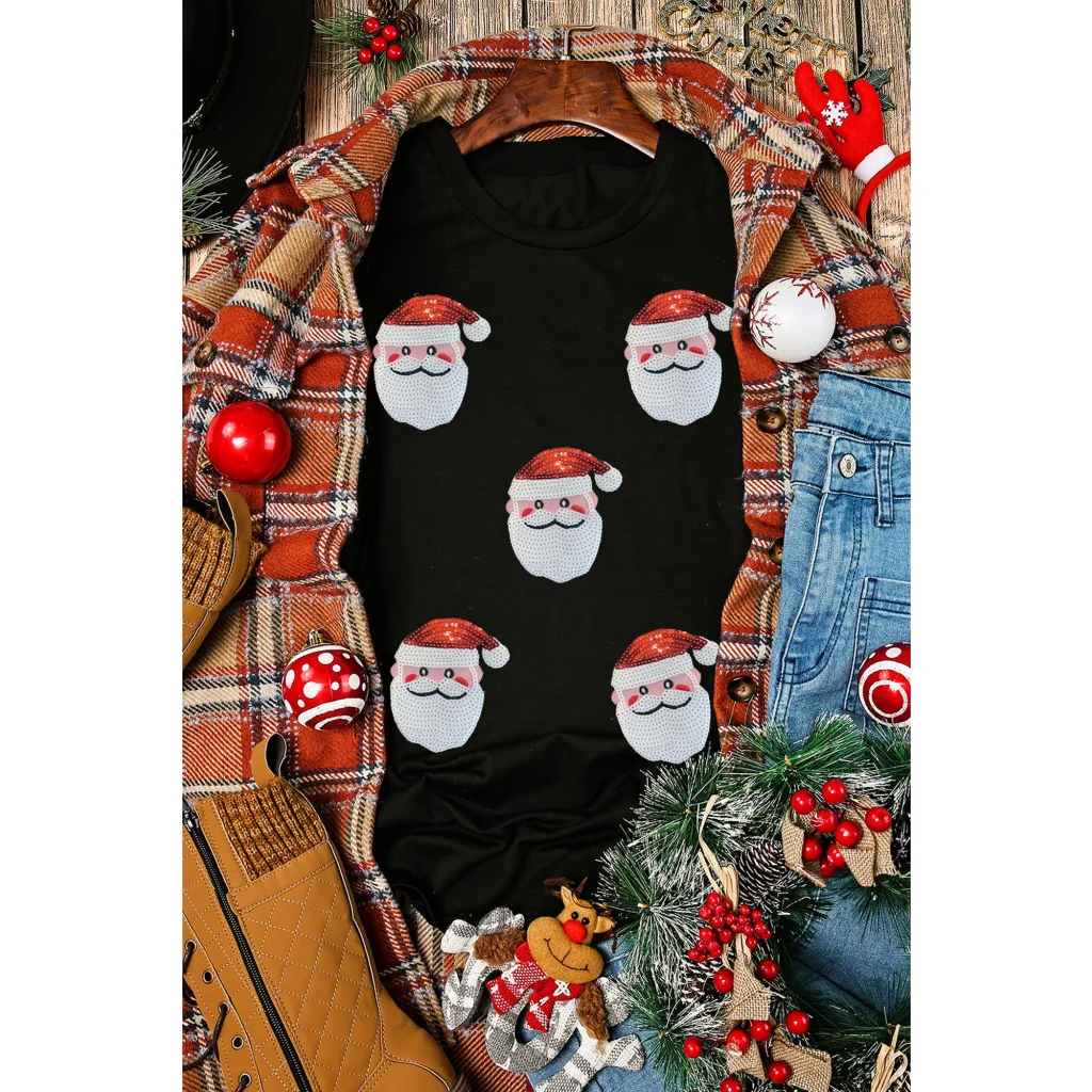 Black Sequin Christmas Claus Pattern Crewneck T Shirt - XL