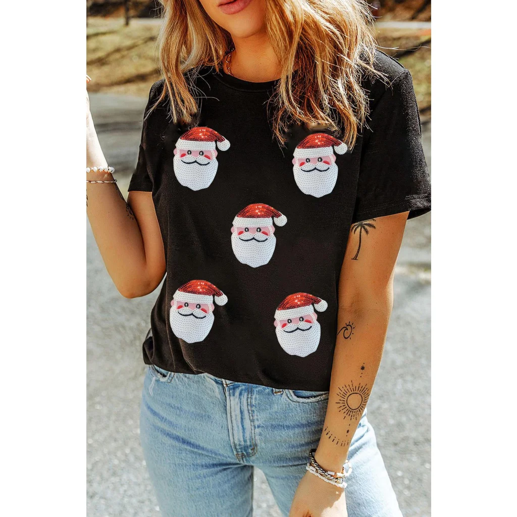Black Sequin Christmas Claus Pattern Crewneck T Shirt - XL