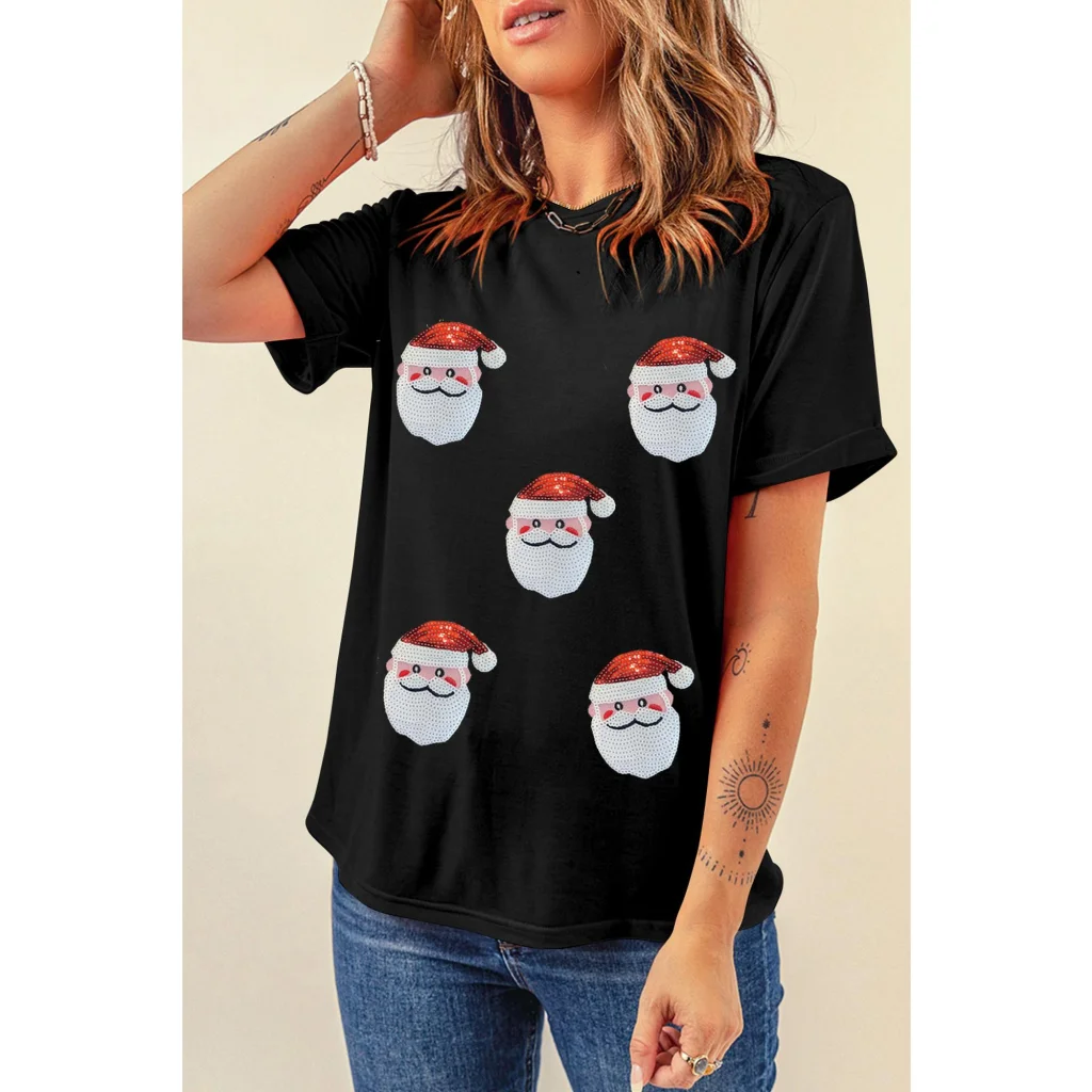 Black Sequin Christmas Claus Pattern Crewneck T Shirt - XL