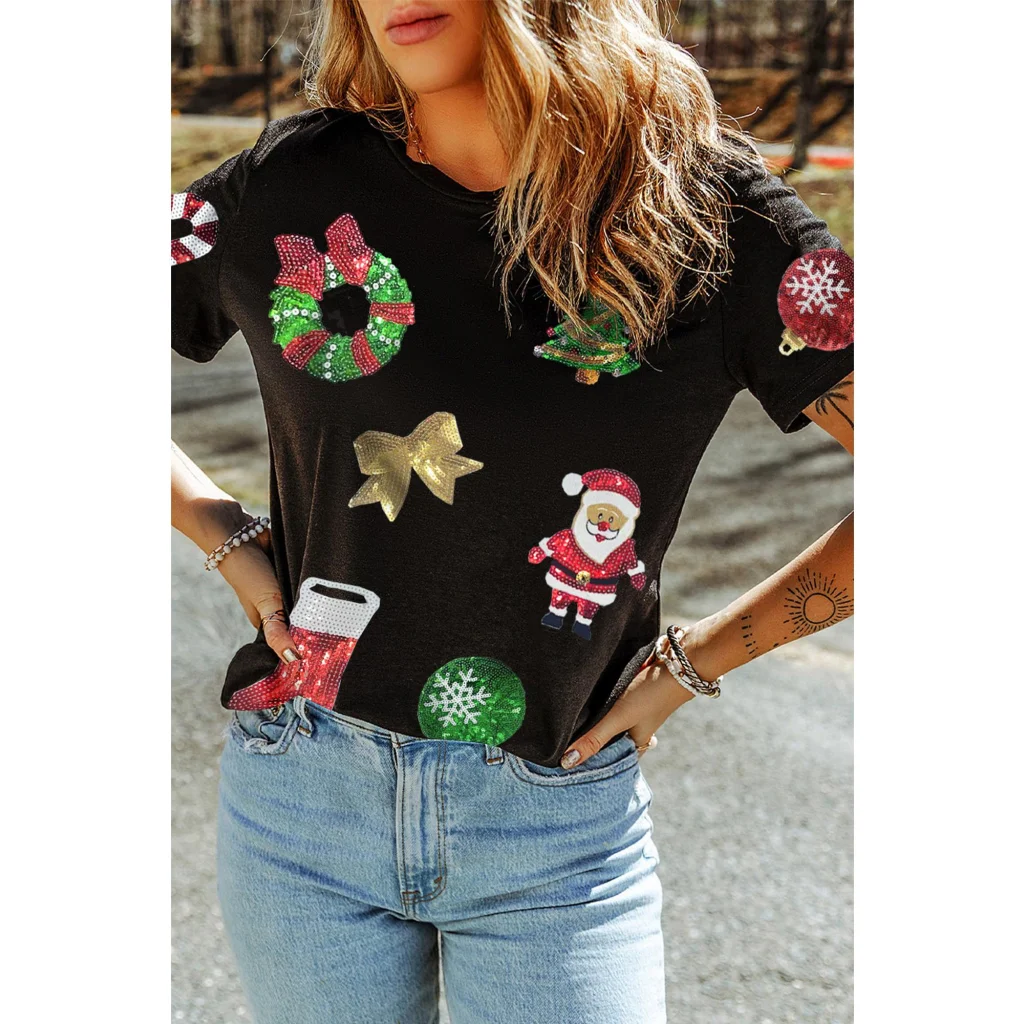 Black Sequin Christmas Essentials Graphic Crewneck T Shirt