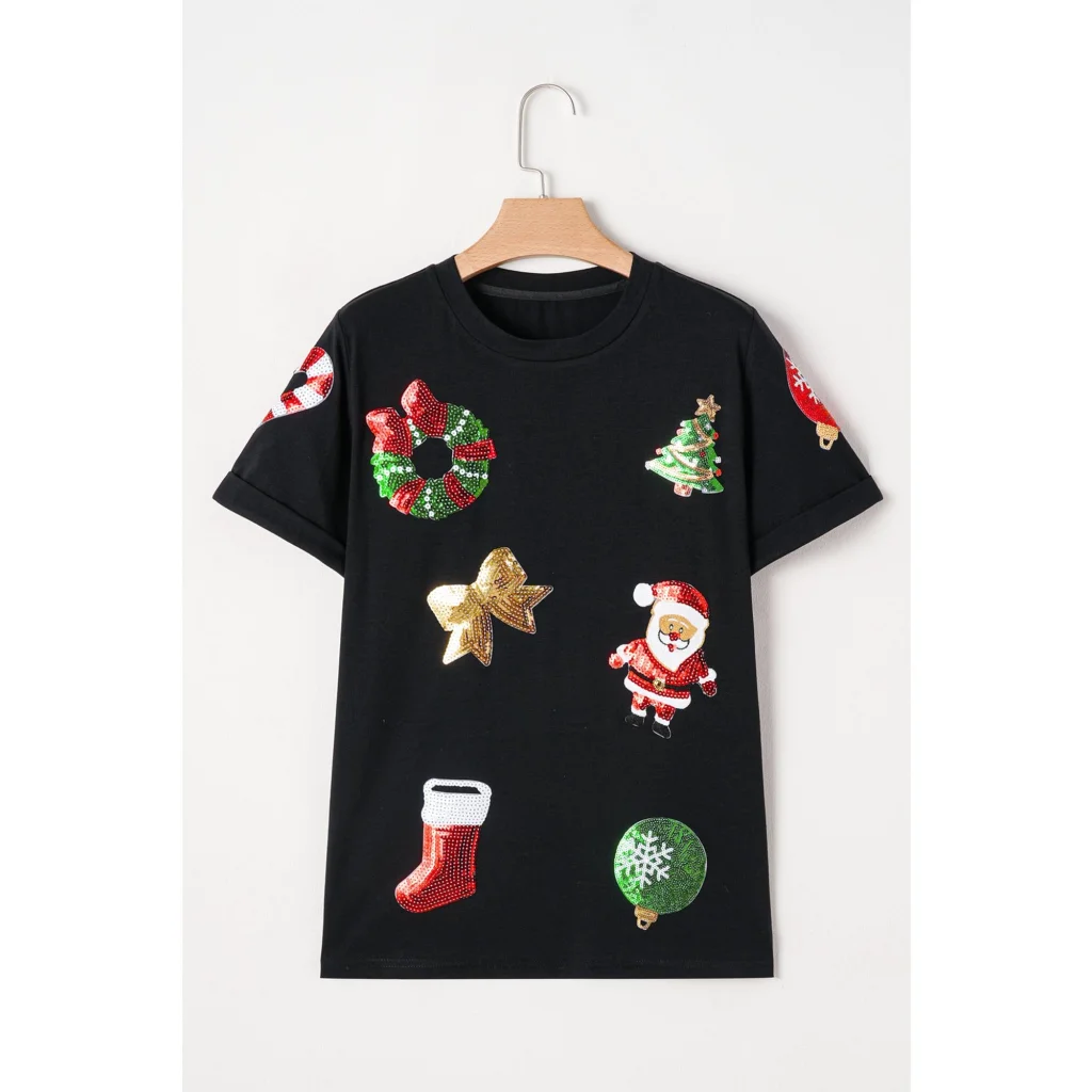 Black Sequin Christmas Essentials Graphic Crewneck T Shirt