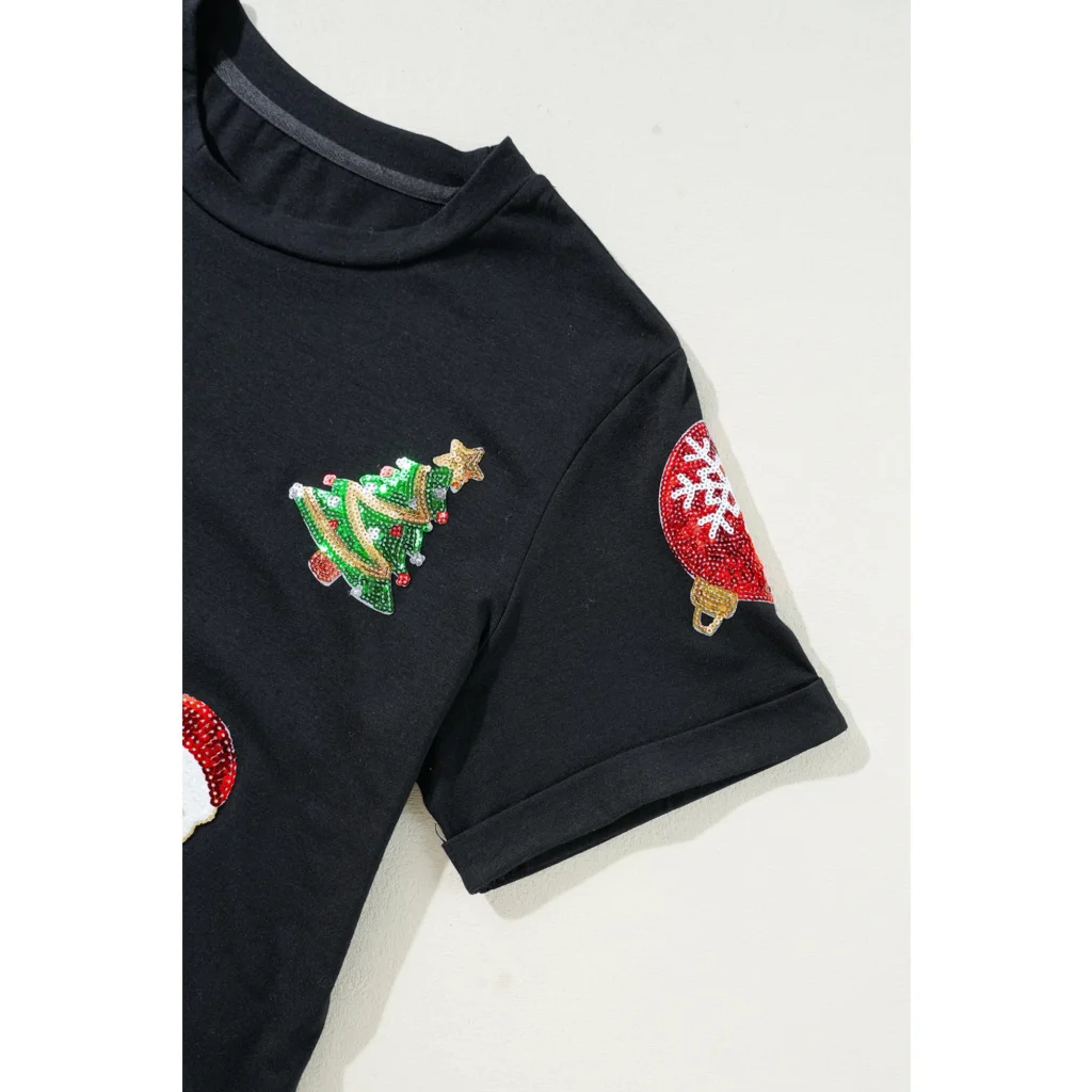 Black Sequin Christmas Essentials Graphic Crewneck T Shirt