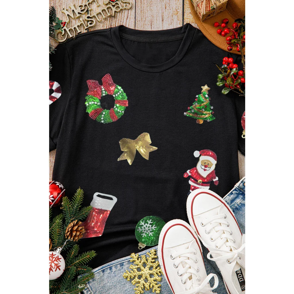 Black Sequin Christmas Essentials Graphic Crewneck T Shirt