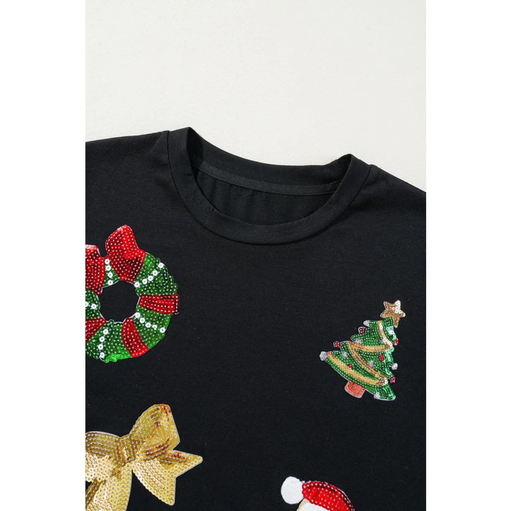 Black Sequin Christmas Essentials Graphic Crewneck T Shirt