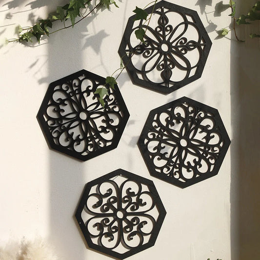 Black Set of 4 Intricate Wooden Octagonal Wall Art