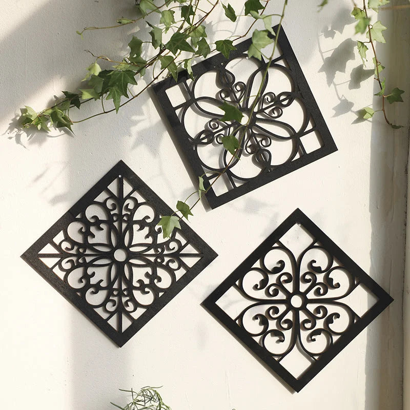 Black Set of 4 Intricate Black Wooden Wall Art Panels