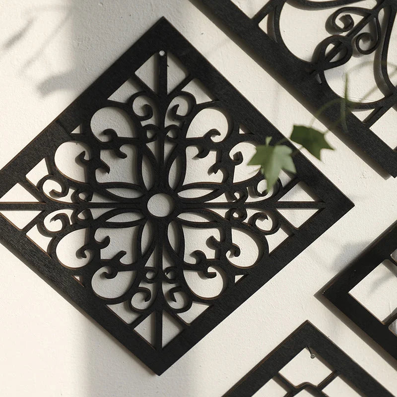 Black Set of 4 Intricate Black Wooden Wall Art Panels