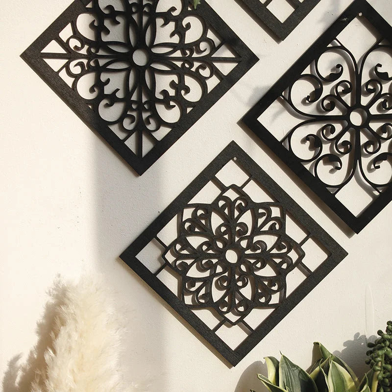 Black Set of 4 Intricate Black Wooden Wall Art Panels