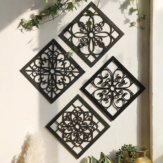 Black Set of 4 Intricate Black Wooden Wall Art Panels