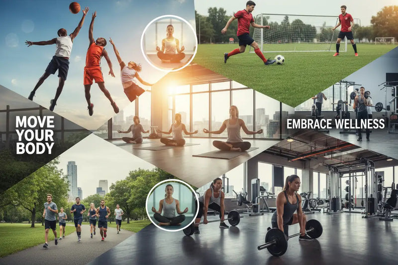 Create a image for keyword Sports includes some plays, fitness includes gym yoga and wellness etc