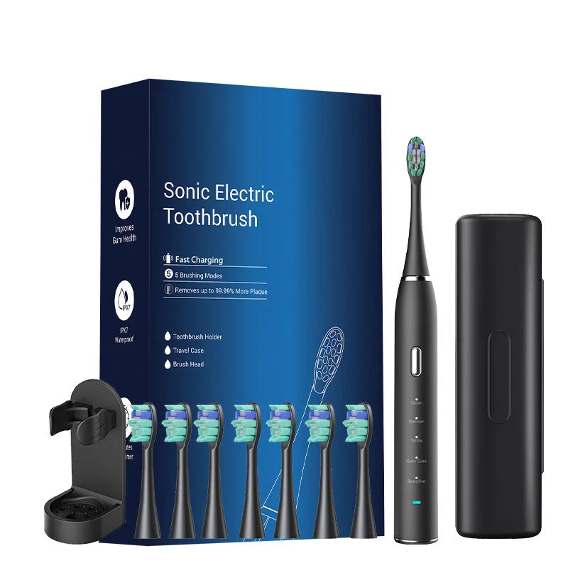 Black Sonic Rechargeable Electric Toothbrush with 8 Heads &