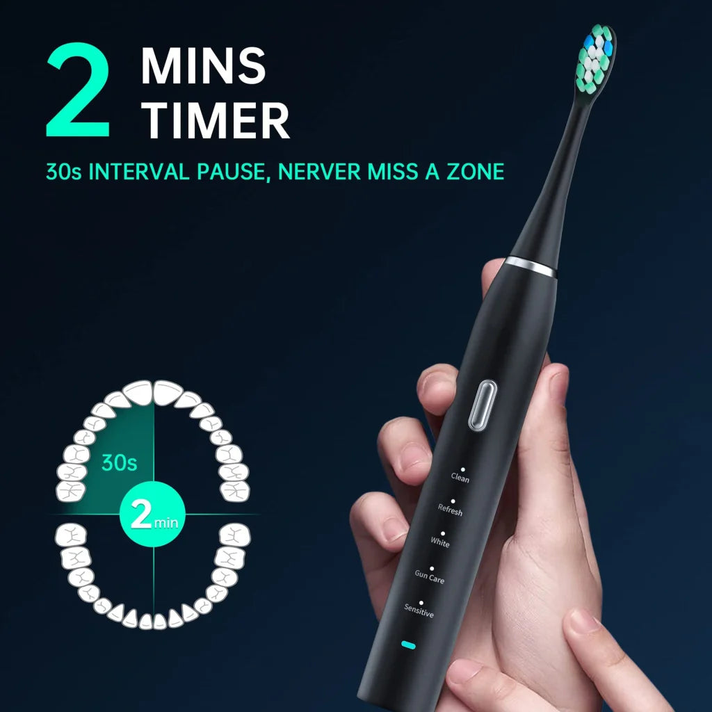 Black Sonic Rechargeable Electric Toothbrush with 8 Heads &