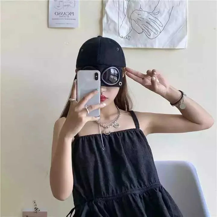 Black Stylish Aviator Goggle Baseball Cap - Unisex Outdoor